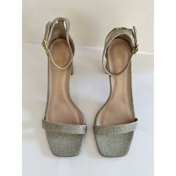 Stuart Weitzman Women’s Gold Nudistcurve Block Heel Sandal Shoes 9.5 MSRP $495 - Picture 3 of 6